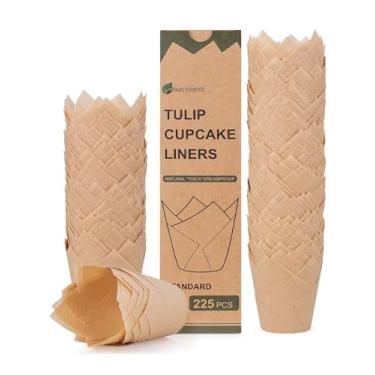 Imagem de 225 peças de forros de cupcake de tulipa para copos de cozimento, não branqueados, papel manteiga da UE à prova de gordura, forros de muffin de tulipa padrão com antiaderentes e antiderrapantes