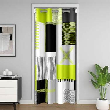 Imagem de Erosebridal Cortina blackout verde limão cinza 132 cm L x 213 cm C cortina de porta abstrata preta branca para crianças, meninos, adolescentes, homens, geométricos, quadrados, grades quadriculadas