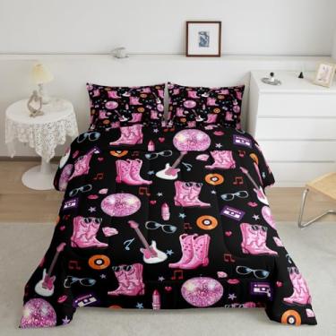 Imagem de Erosebridal Conjunto de edredom Queen para mulheres, meninas, tema musical cowgirl, ferradura ocidental, violão, discoteca, bola, preto, 3 peças, para fãs de música