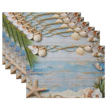 Imagem de Jogo americano de mesa, conjunto de 6 jogos americanos de verão, conchas do mar, conchas do mar, tapetes de mesa resistentes ao calor para tábua de madeira azul rústica para decoração de cozinha e