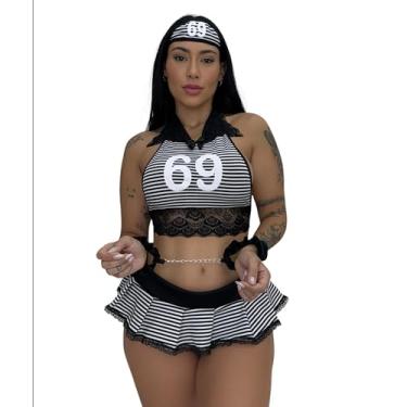 Imagem de Fantasia Prisioneira Sensual Mini Conjunto Lingerie Erótica Tanga Fio Dental Presidiária Cropped Único