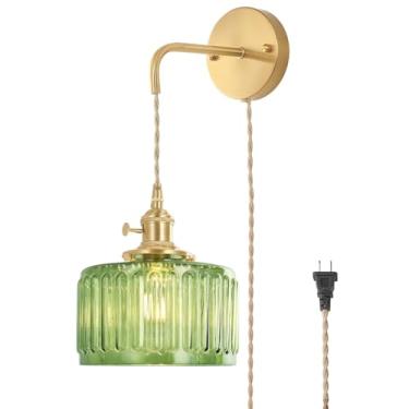 Imagem de Luminária de parede vintage com plugue e interruptor, estilo retrô industrial, para cabeceira, com cúpula de vidro verde, ajustável em 1 metro, com soquete E27, ideal para leitura em quartos