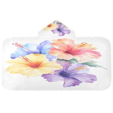 Imagem de Burbuja Toalha de banho com capuz de flores tropicais em aquarela para crianças, toalha de praia de pelúcia macia absorvente para meninas e meninos 3-10 anos, 61 x 127 cm
