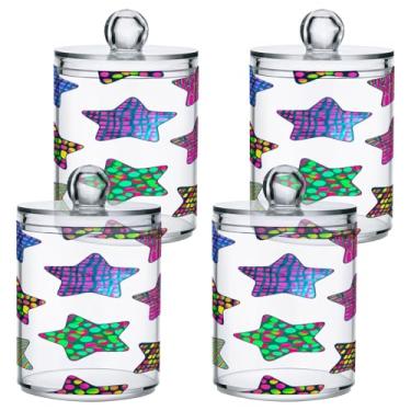 Imagem de STAYTOP 4 frascos de boticário Qtip para banheiro com etiquetas – Recipiente de armazenamento Qtip de plástico transparente acrílico para bola de algodão, cotonete, grão de café - estrelas coloridas