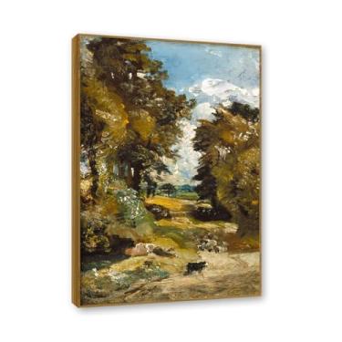 Imagem de NHLDZYH Moldura de Teca. John Constable - (O Trigal 4), quadro de tela de romance inglês, paisagem atmosférica, arte de parede com moldura para biblioteca ou sala. 80x120cm
