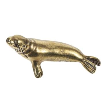 Imagem de CONGARTENO Estatueta em miniatura de selo de latão vintage estátua de criatura marinha pequena ornamento decorativo acabado à mão para estante de livros e mesa