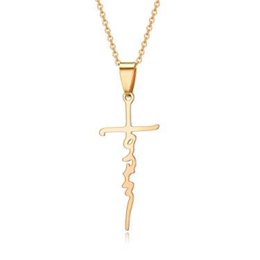 Imagem de Dreuyet Colar de fé para mulheres, cruz cristã, palavra fé, igreja, oração, pingente religioso, joia cristã, presente, Middle, Aço inoxidável, Sem Pedra Preciosa