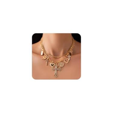 Imagem de Navirix Colar com pingente de cruz grossa dourada, gargantilha de cruz grande para mulheres, acessórios de joias boho vintage, Large, Liga de aço, Sem Pedra Preciosa