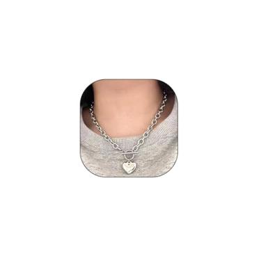 Imagem de Navirix Colar com pingente de coração grosso, gargantilha minimalista banhada a ouro grosso com fecho OT, corrente vintage de coração inchado com clavícula para mulheres, Large, Liga de aço, Sem Pedra