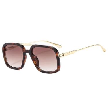 Imagem de HCPIHF Óculos de sol retrô com ponte dupla, masculino, UV400, gradiente fashion, feminino (degradê de chá leopardo)