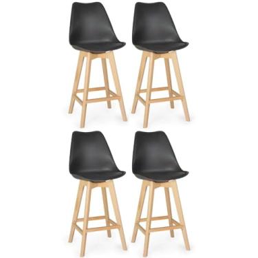 Imagem de Kit 4 Banqueta Alta Leda Base Madeira com Encosto - Preto