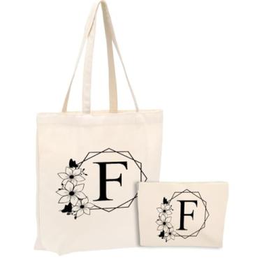 Imagem de Bolsa de lona inicial, presentes personalizados, adequada para casamento, aniversário, praia, férias, trabalho, dia das mães, conjunto de sacolas de cosméticos de Natal e sacola de presente monograma