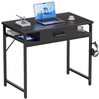 Imagem de Pamray Mesa pequena para computador de 81 cm com gaveta e prateleiras, mesa de trabalho simples para quarto, preta