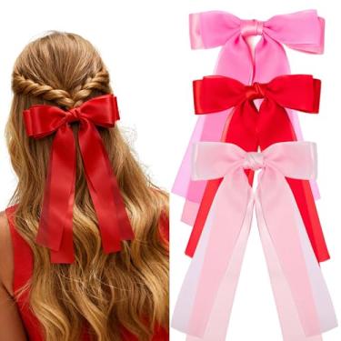 Imagem de 3 peças de laços de cabelo presilhas de fita de cabelo 3 cores vermelho rosa choque laço de cabelo para mulheres suporte de rabo de cavalo acessórios de cabelo para meninas, crianças e adolescentes