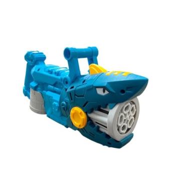 Imagem de Pistola de Bolhas Tubarão, Azul, Plástico, 21x10x8cm, 10.000 Bolhas em 5 Minutos, Pilhas AA, para Crianças 3+ Anos, com Solução 70ml