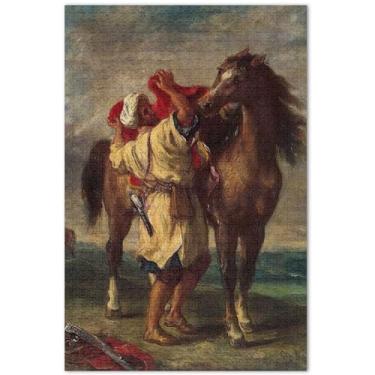 Imagem de Quebra-cabeça com pintura Delacroix de cavaleiro árabe personalizado 1000 peças de elefante branco adulto paisagem quebra-cabeça paisagem paisagem, 75 x 40 centímetros