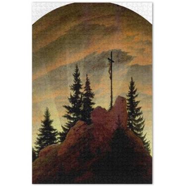 Imagem de Quebra-cabeça personalizado Caspar David Friedrich Das Kreuz Im Gebirge 1000 peças para adultos família elefante branco presentes diversão família quebra-cabeça paisagem pintura a óleo, 75 x 19,7