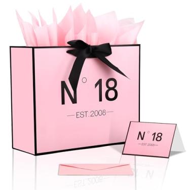 Imagem de Conjunto de Sacola Presente Aniversário N°18 EST.2008, Elegante Sacola para Presente Aniversário 18 Anos para Meninas com Cartão e Papel Seda Festa Meninas Mulheres 18 Anos