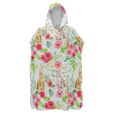 Imagem de TSENQUE Poncho de surf com estampa de flores e coelhos, roupão para adultos, roupão de banho, toalhas com capuz absorventes para homens, poncho com capuz
