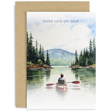 Imagem de Old English Co. New Adventure Good Luck Card para homens e mulheres - Cartão divertido para ele ou ela - Design de viagem de caiaque com vida selvagem - Novo emprego, realocação, universidade,