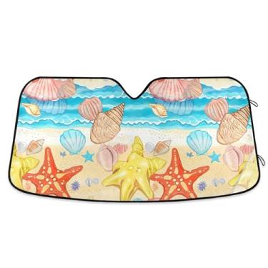 Imagem de Sombra de sol de praia de conchas do mar coloridas personalizadas para para-brisas de carro protetor solar universal dobrável fofo para para-brisa dianteiro de carro impressões de animais P, 134,6 cm