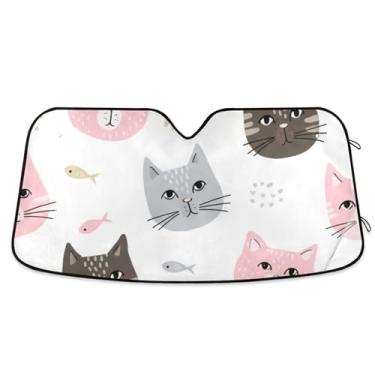Imagem de Toldo de sol branco com rostos de gato fofos para para-brisa de carro protetor solar retrátil personalizado para para-brisa dianteiro de carro impressões de animais P, 134,6 cm x 59,7 cm