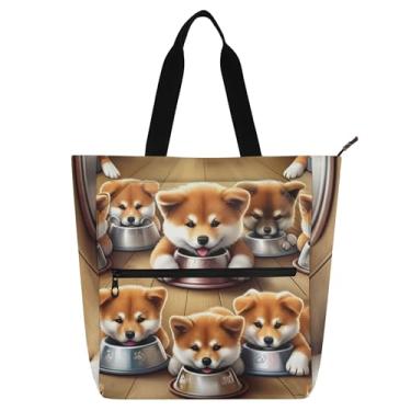 Imagem de GAIGEO Linda bolsa de trabalho feminina Akita Inu Filhotes Cães Bolsa de Trabalho Lona Praia Livro Bolsa com Zíper Professores Bolsas Amantes de Livros