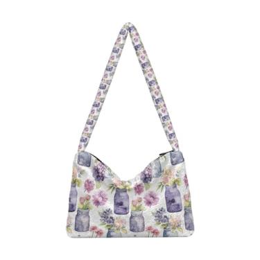 Imagem de GAIGEO Bolsa de ombro retrô amarela abstrata lua gato senhora, bolsa transversal para mulheres, bolsa feminina para uso ao ar livre, Vaso roxo e buquê, One Size