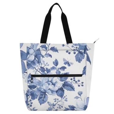 Imagem de Sacola de trabalho floral azul branca para mulheres, lona, praia, escola, bolsas, senhoras, crianças, livros, presentes