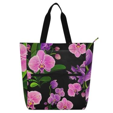 Imagem de GAIGEO Bolsa feminina Phalaenopsis preta para trabalho, lona, praia, livros, bolsa utilitária com zíper, bolsa infantil com compartimentos