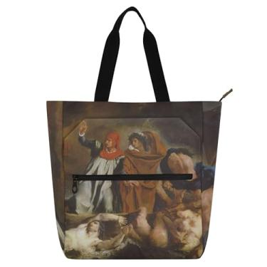 Imagem de GAIGEO Eugène Delacroix Pintura Barque Dante Bolsa de Trabalho para Mulheres Tote Lona Praia Livro Bolsa Zíper Professores Presente para Amantes de Livros Bolsas