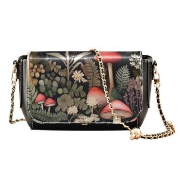 Imagem de Bolsas de ombro femininas pretas com cogumelos e plantas, bolsas de couro transversais para mulheres, Cogumelos e plantas em preto-1, One Size