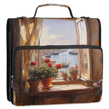 Imagem de Zíper para fichário vermelho com flor de janela de porto, bolsos para fichários, fichários escolares para ensino médio