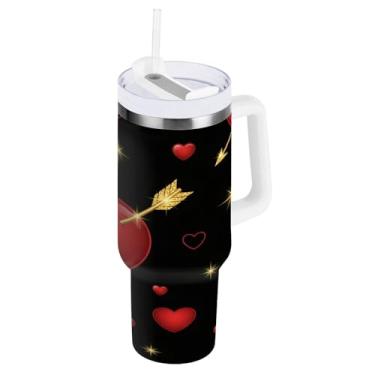Imagem de Blueangle Copo grande com isolamento de coração vermelho brilhante de 1,134 g com alça e tampa de palha, caneca de viagem reutilizável de aço inoxidável (461)