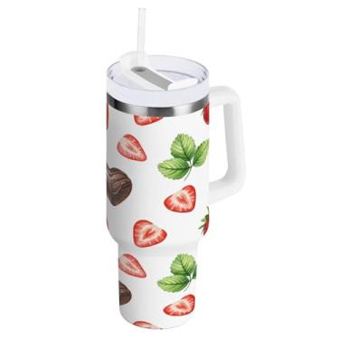 Imagem de Blueangle Copo isolado de morangos de chocolate de 1,134 g com alça e tampa de palha, caneca de viagem reutilizável de aço inoxidável (707)