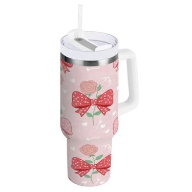 Imagem de Blueangle Copo isolado rosa com alça e tampa de canudo, para o Dia dos Namorados de 850 g, caneca de viagem reutilizável de aço inoxidável (169)