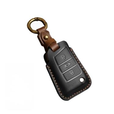 Imagem de Capa de couro para chave de carro com capa completa compatível com VW Golf 7 MK7 Tiguan MK2 compatível com SEAT Ateca Leon FR 2 Ibiza compatível com Skoda Octavia(Black)