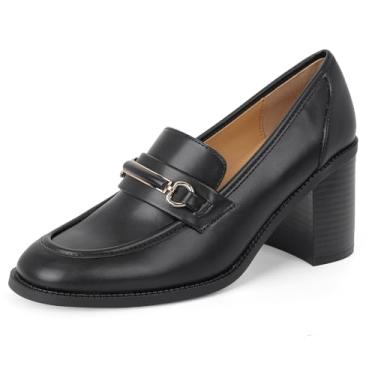 Imagem de CosyFever Mocassim feminino 7,6 cm, salto grosso, sem cadarço, moderno, escritório, trabalho, negócios, para uso formal e elegante, Preto, 36