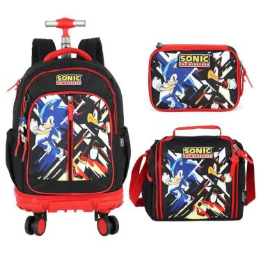Imagem de Kit Mochila 4 Rodas Lancheira Estojo Grande Espaçosa Sonic-Masculino