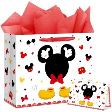 Imagem de Conjunto de sacolas de presente de feliz aniversário de rato vermelho grande de 33 cm com alças, cartão de felicitações e lenços de papel de embrulho vermelho preto para meninas e adolescentes 33 cm C