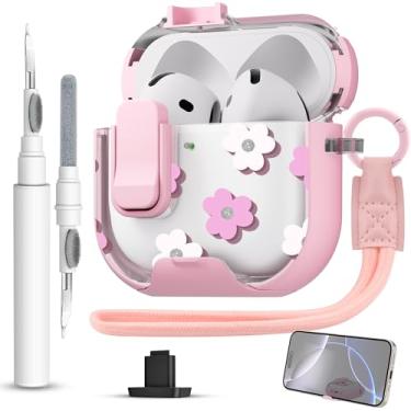 Imagem de Meiyasy Capa para AirPods 4 com clipe de bloqueio seguro no suporte de telefone, capa protetora floral feminina com kit de limpeza e alça de mão para Apple AirPod 4 Geração (pétalas rosa)