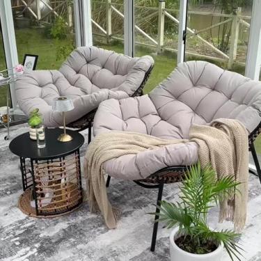 Imagem de Cadeira Papasan de vime ao ar livre, cadeira de pátio de vime com almofada grossa, espreguiçadeiras grandes para varanda, varanda e jardim (3 peças, cinza claro)