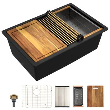 Imagem de Pia de cozinha composta de granito 28 - Fulorni 71 cm x 48 cm Pia de cozinha de granito preta com borda subterrânea estação de trabalho quartzo clássico preto fosco luxo sob o balcão bacia única