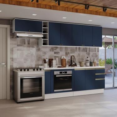 Imagem de Armário De Cozinha Completa 3 Gavetas 100% Mdf 300cm Branco/azul Profundo Celeste Kappesberg