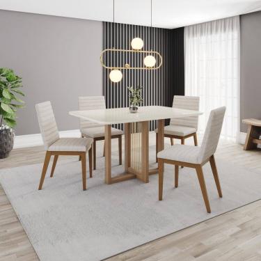 Imagem de Conjunto Mesa Natalí 120cm Canto Arredondado com Vidro 4 Cadeiras Elena Marrom/Off White
