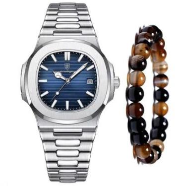 Imagem de Relógio Prateado Old Money Minimalista + Pulseira Olho Tigre-Masculino