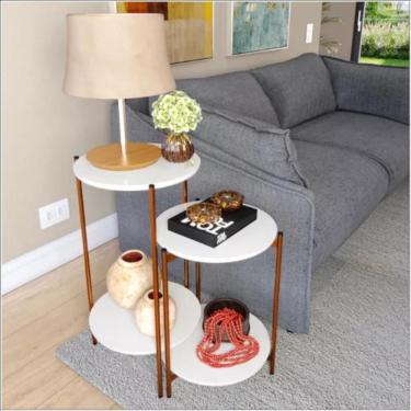 Imagem de Conjunto Mesa De Centro E Lateral Liora Branca Com Pés De Ferro Bronze