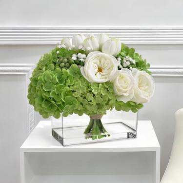 Imagem de Yastouay Flores falsas em vaso, mesa de toque real para sala de jantar, hortênsia flores artificiais peônias com água sintética realista arranjos de flores artificiais para banheiro, decoração de mesa