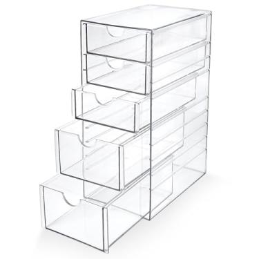 Imagem de Prsildan Organizador de maquiagem de acrílico com 5 gavetas, organizador de acessórios de cabelo, organização de mesa de escritório, gavetas de armazenamento empilháveis transparentes para penteadeira