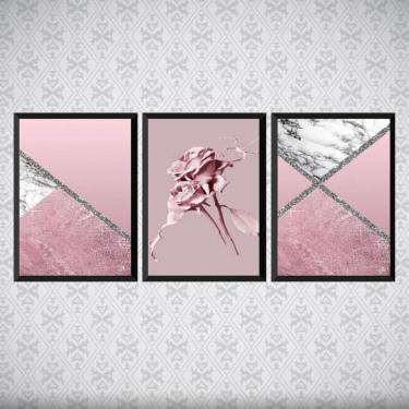 Imagem de Kit 3 Quadros Flores Rosas Mármore 24X18Cm